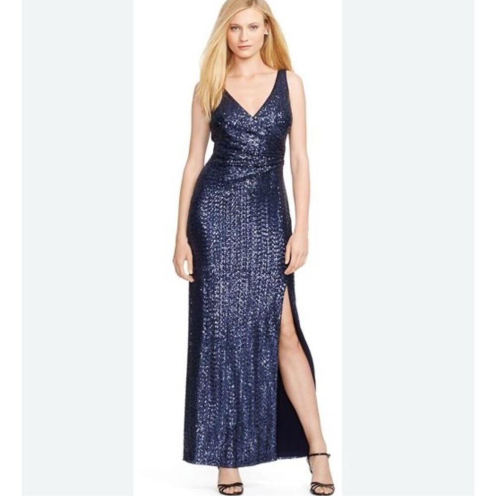 Lauren Ralph Lauren Navy Blue Sequin Long Evening Dress Gown Women’s 16